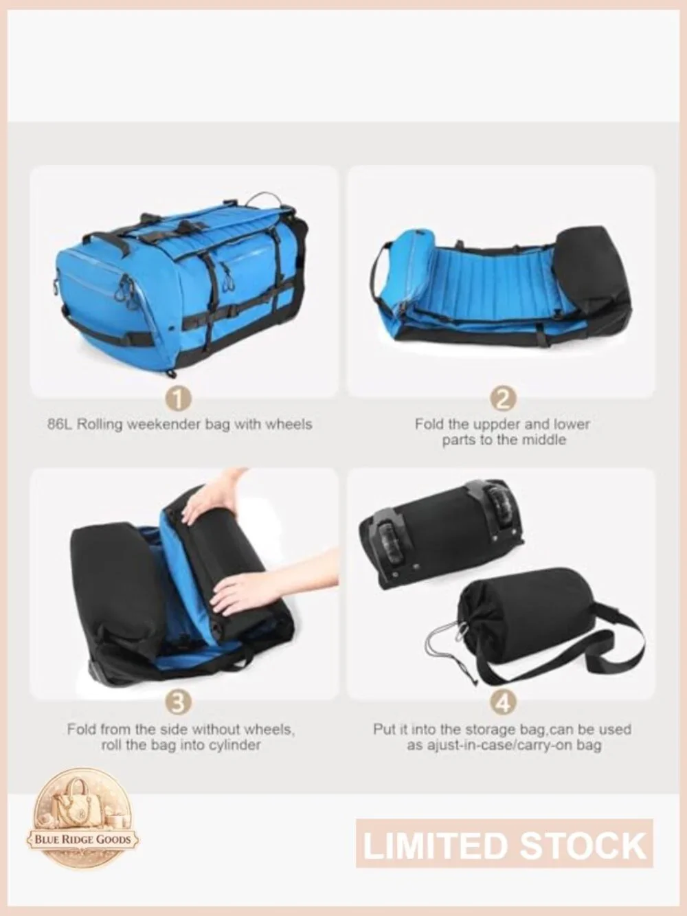 Rolling Duffel Bag 30in Carry On Luggage with Wheels Folding Travel Backpack